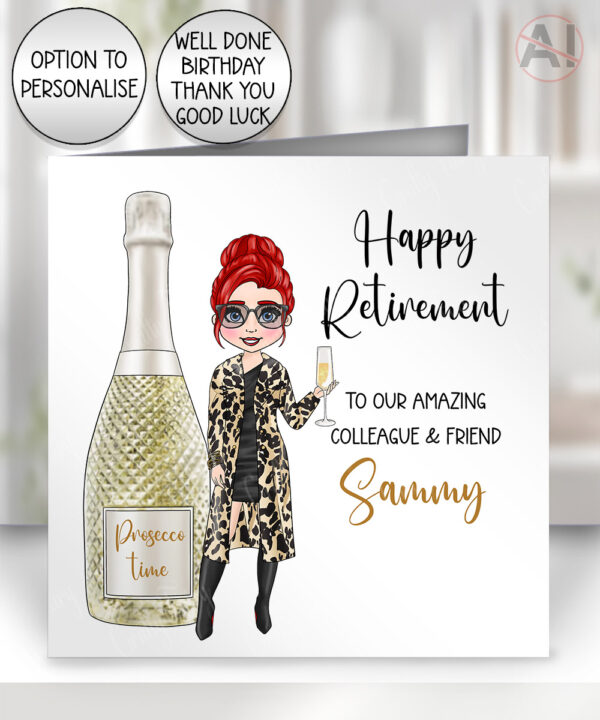 personalised prosecco time lady in leopard print greeting card – birthday or well done