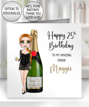 personalised champagne time to celebrate lady in black greeting card – birthday or well done