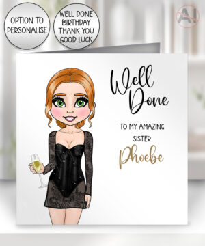 personalised champagne celebration lady in black greeting card – birthday or well done