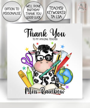 personalised friesian cow teacher thank you card