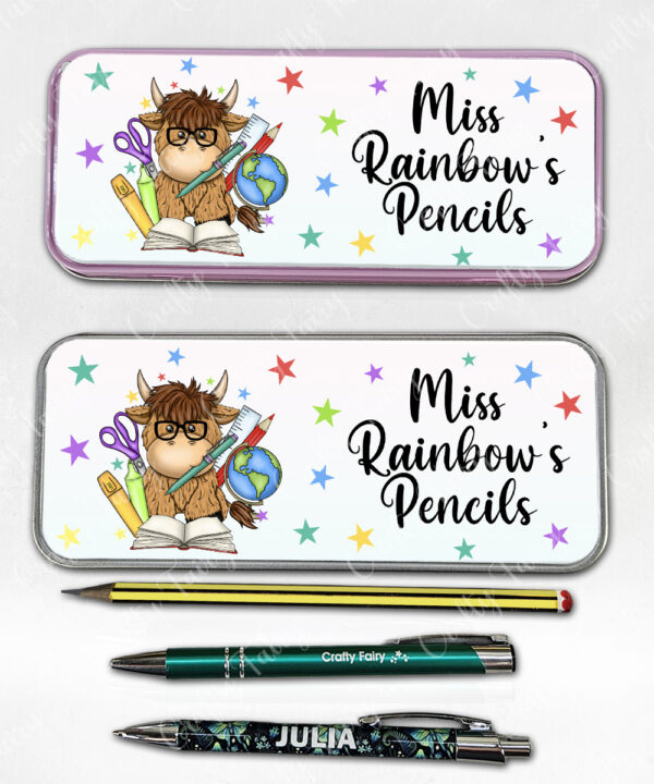 4064 personalised teacher thank you gift pencil tin highland cow 4