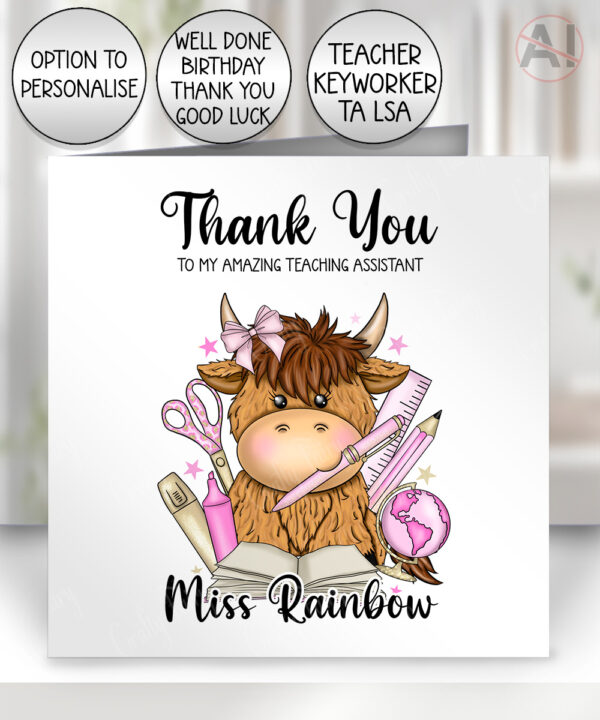 4065 personalised teacher pink thank you card highland cow 1