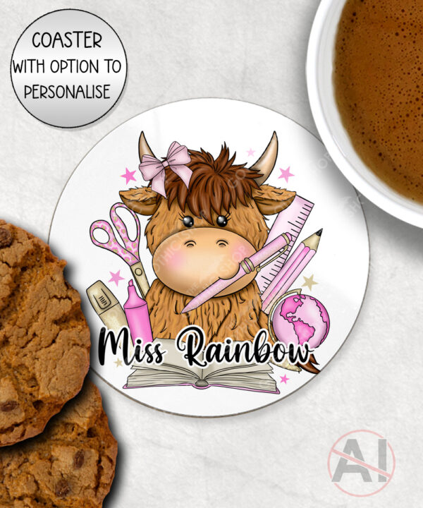 4067 personalised teacher pink thank you coaster highland cow 1