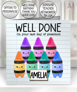 personalised kawaii crayon good luck first day school / well done last day / thank you teacher card