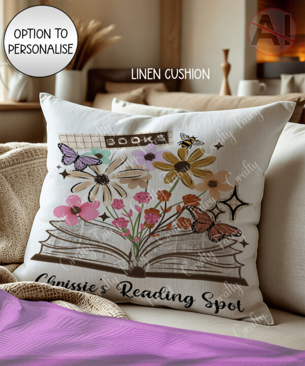 4180 books flowers butterflies personalised cushion 1