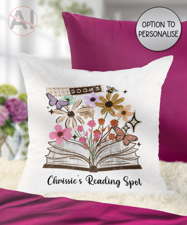 4180 books flowers butterflies personalised cushion 2