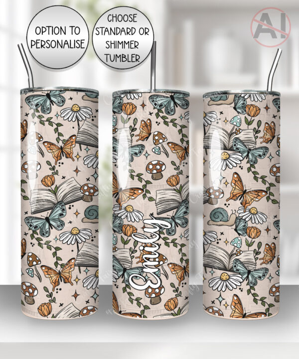 personalised cottagecore open book flowers & butterflies straight tumbler – custom book lover gift