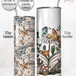 personalised cottagecore open book flowers & butterflies straight tumbler – custom book lover gift