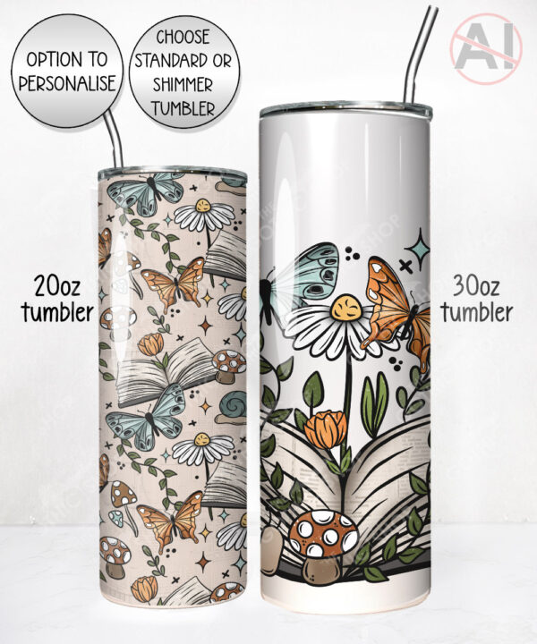 personalised cottagecore open book flowers & butterflies straight tumbler – custom book lover gift