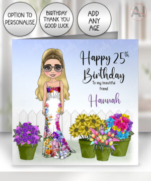 personalised lady in flower dress greeting card – birthday or well done