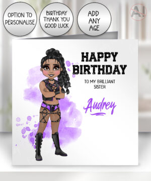 personalised wrestling lady greetings card customised birthday, all occasions card