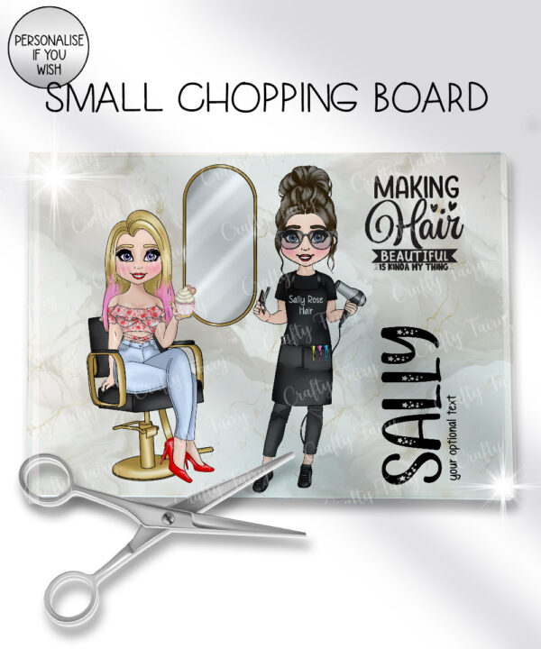 personalised hairdresser lady in salon glass chopping board or worktop protector