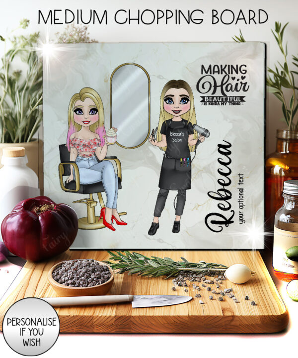 personalised hairdresser lady in salon glass chopping board or worktop protector