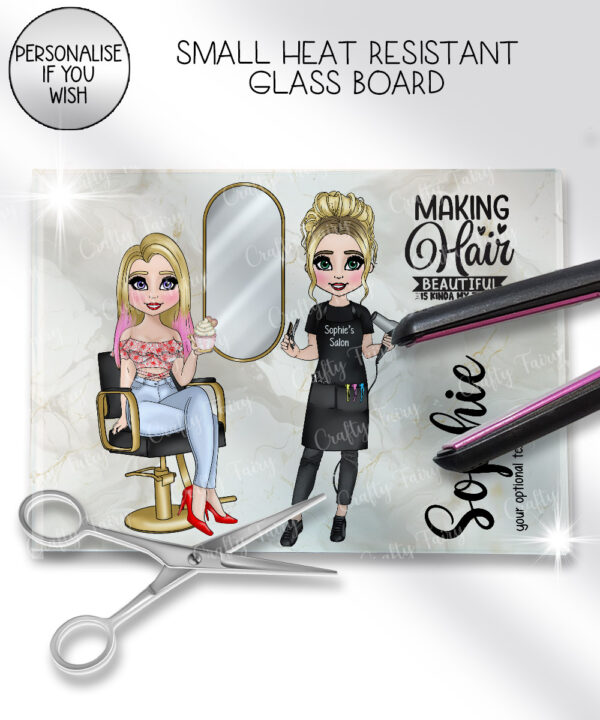 personalised hairdresser lady in salon glass hair straightener tool worktop protector