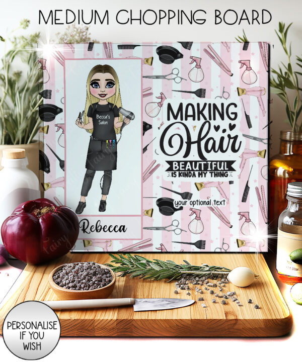 personalised hairdresser lady pink stripe chopping board or worktop protector