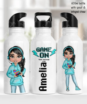 personalised gamer girl 600ml water bottle