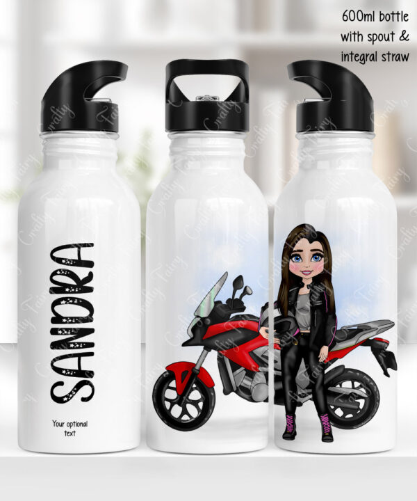 personalised motorbiker lady 600ml water bottle