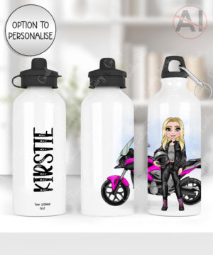 personalised motorbiker lady 600ml water bottle
