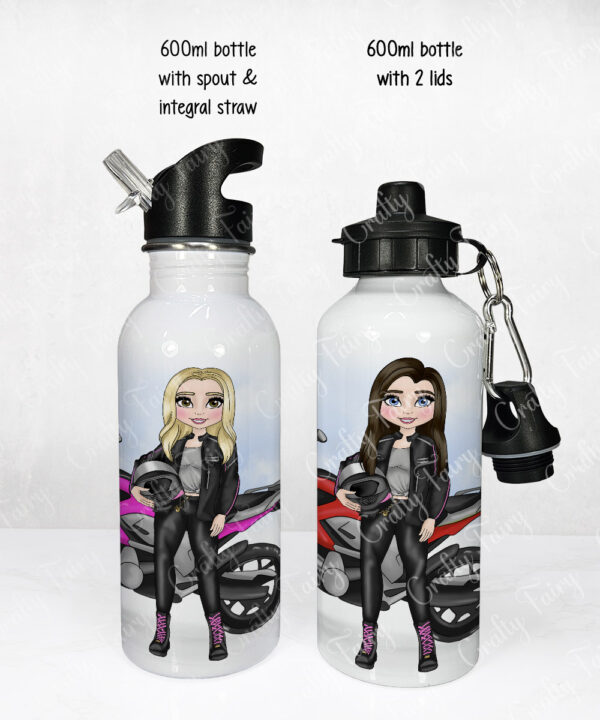personalised motorbiker lady 600ml water bottle