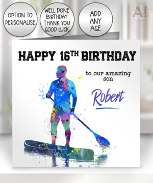 personalised watercolour colourful male paddle board card birthday, congratulations, all occasions