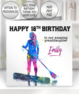 personalised watercolour colourful female paddle boarder card birthday, congratulations, all occasions