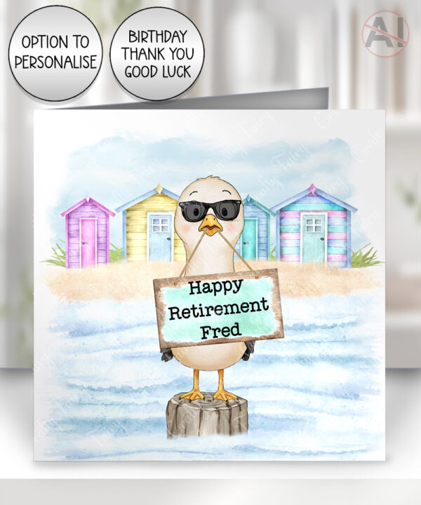 personalised seagull & beach huts card birthday, congratulations, all occasions