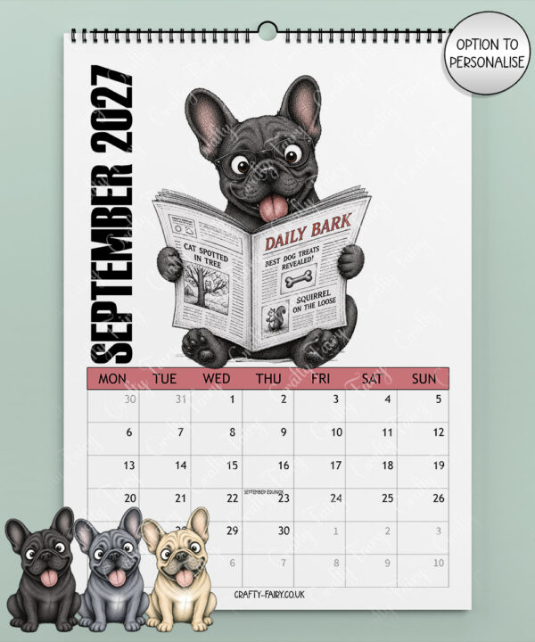 personalised playful french bulldogs frenchies 2027 dog calendar 3 colour options