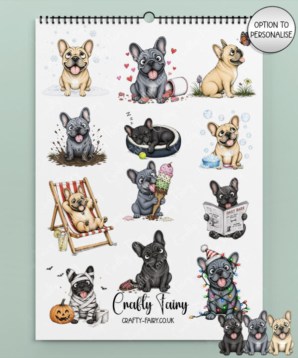personalised playful french bulldogs frenchies 2027 dog calendar 3 colour options