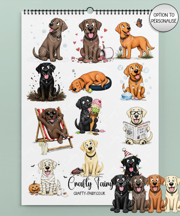 personalised playful labradors 2027 dog calendar 4 colour options