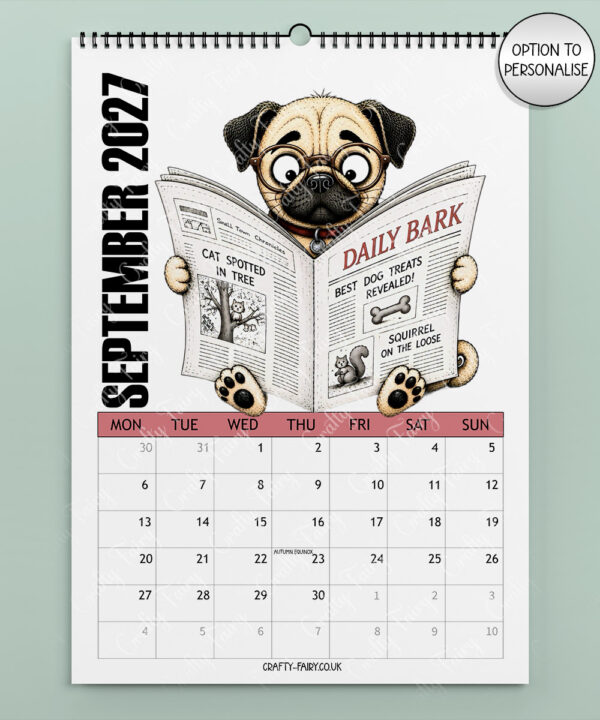 personalised playful pugs 2027 dog calendar 2 colour options