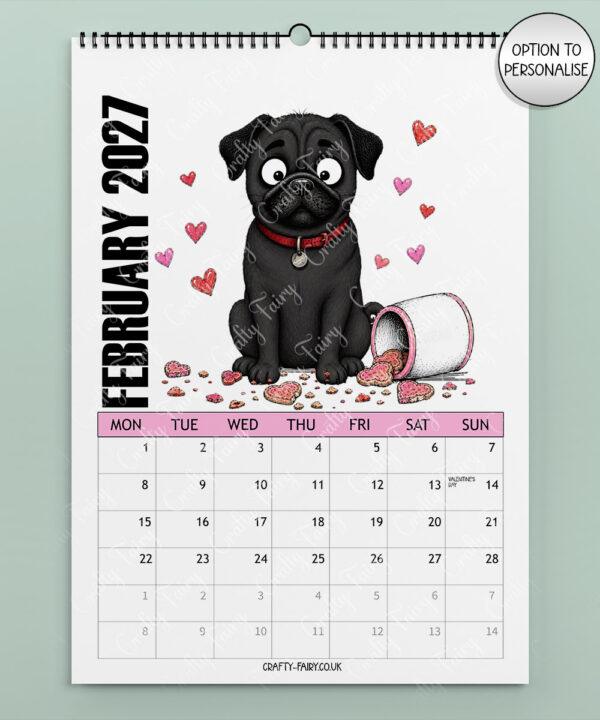 personalised playful pugs 2027 dog calendar 2 colour options