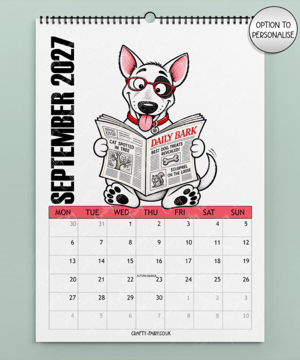 personalised playful bull terriers 2027 dog calendar 7 colour options