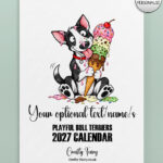 personalised playful bull terriers 2027 dog calendar 7 colour options