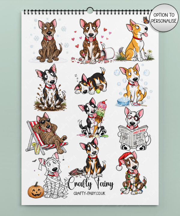 personalised playful bull terriers 2027 dog calendar 7 colour options