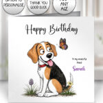 personalised beagle dog & butterfly greeting card – birthday, all occasions