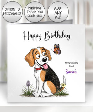 personalised beagle dog & butterfly greeting card – birthday, all occasions