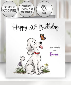 personalised bedlington terrier dog & butterfly greeting card – birthday, all occasions
