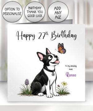 personalised boston terrier dog & butterfly greeting card – birthday, all occasions