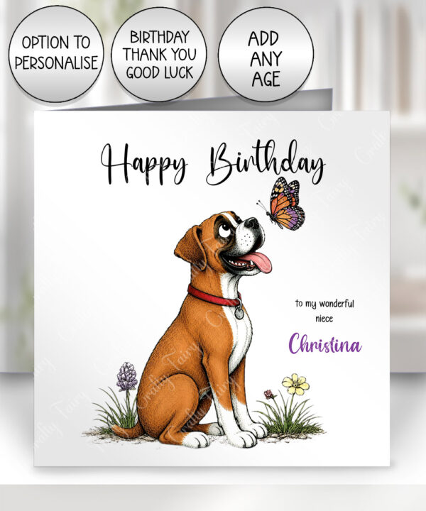 personalised boxer dog & butterfly greeting card – birthday, all occasions
