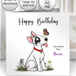 personalised bull terrier dog & butterfly greeting card – birthday, all occasions 7 colour options