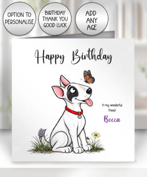 personalised bull terrier dog & butterfly greeting card – birthday, all occasions 7 colour options