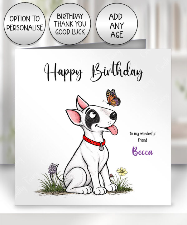 personalised bull terrier dog & butterfly greeting card – birthday, all occasions 7 colour options