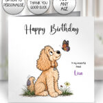 personalised cockapoo dog & butterfly greeting card – birthday, all occasions 8 colour options