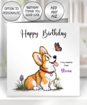 personalised corgi dog & butterfly greeting card – birthday, all occasions