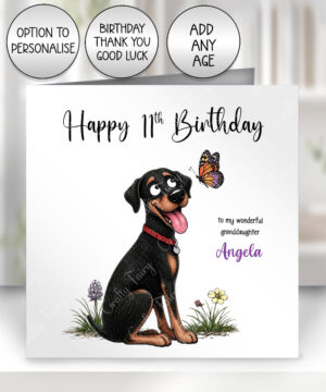 personalised doberman dog & butterfly greeting card – birthday, all occasions 2 colour options