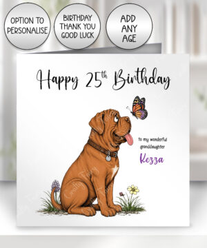 personalised dogues de bordeaux (french mastiff) dog & butterfly greeting card – birthday, all occasions