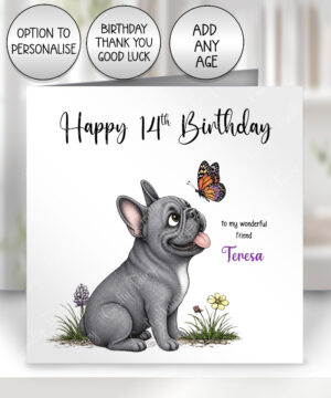 personalised french bulldog frenchie dog & butterfly greeting card – birthday, all occasions 3 colour options