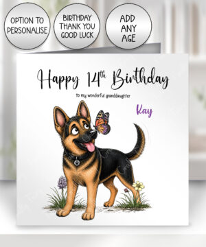 personalised german shepherd dog & butterfly greeting card – birthday, all occasions