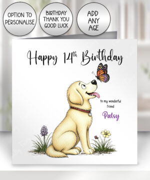 personalised golden retriever dog & butterfly greeting card – birthday, all occasions