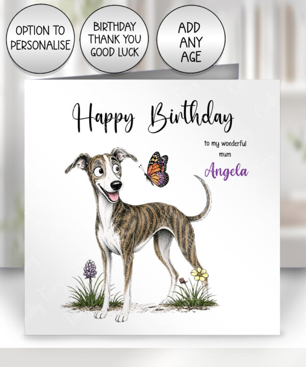 personalised greyhound/whippet dog & butterfly greeting card – birthday, all occasions